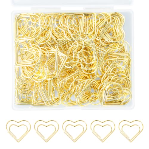 Dokeno Büroklammern Herz Gold, 100 Stück Büroklammer, 2.8cm Goldene Büroklammern Groß, Büroklammern Motiv, Herz Paper Clips mit Transparentbox für Büro, Klassenzimmer, Aktenklammer Deko Postkarten von Dokeno