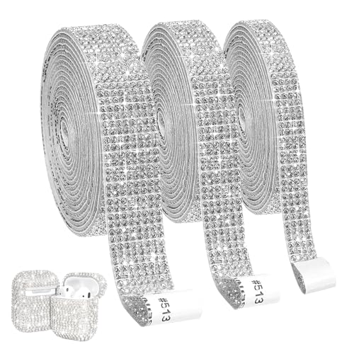 Dokeno Strassband Selbstklebend, 3 Rollen Silber Kristall Strasssteine Glitzerband Aufkleber mit 2mm Strass, Diamant Glitzersteine Selbstklebend für DIY Dekoration Party Hochzeit von Dokeno