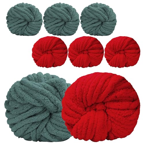 Dololoo Strickgarn zum Häkeln, 8 Stück, flauschiges Jumbo-Chenille-Garn, weiches Plüschgarn, sperrig für Hand- oder Armstricken, 31,7 m, 227 g pro Knäuel, Weihnachtsrot und Salbeigrün von Dololoo