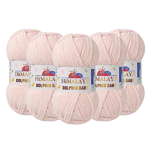 Himalaya Dolphin Baby Chenille-Garn, 100 % Polyester, je Knäuel 100 g, 120 m, 6: super sperrig, Puderrosa, 80353, 5 Knäuel (Packung) von Dolphin Baby