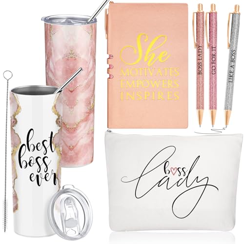 Domensi Best Boss Geschenk-Set, Dankeschön-Geschenk für Frauen, Wertschätzungstag, rustikales Marmorschild, Tumbler, Make-up-Tasche, A6, Notizblock mit Kugelschreibern, Geschenk für Büroanführer, von Domensi