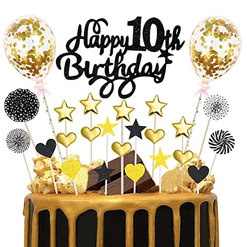 10 Geburtstag Deko Junge Schwarz Gold Tortendeko 10. Geburtstag Glitzer Happy 10th Birthday Cake Topper für 10 Jahre Alt Geburtstagsparty Kuchen Kuchendeckel Geburtstag Cupake Topper Party Dekoration von Domgoge