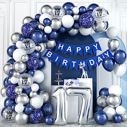 17. Geburtstag Deko Blau Silber Luftballon Girlande Kit mit Folienballon Konfetti Happy Birthday Bunting Banner Marine Blau Silber Geburtstagdeko für 17 Jahr Junge Mädchen Mann Frau Hochzeitstag Party von Domgoge