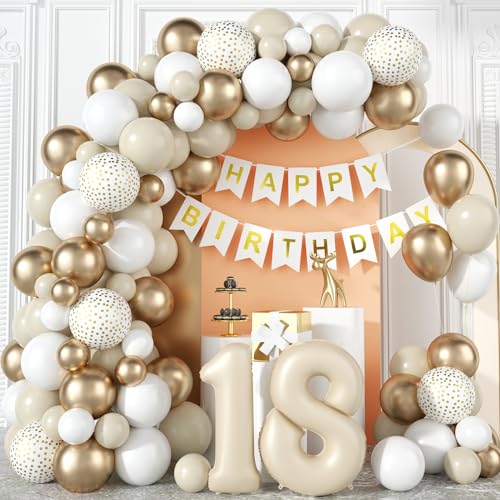 18 Geburtstag Deko Mädchen Beige Gold 18 Jahre Geburtstag Party Deko Boho Sandweiß Metallic Champagner Gold Luftballons Girlande Kit mit Creme Zahl Folienballon Happy Birthday Banner zum Frauen Junge von Domgoge