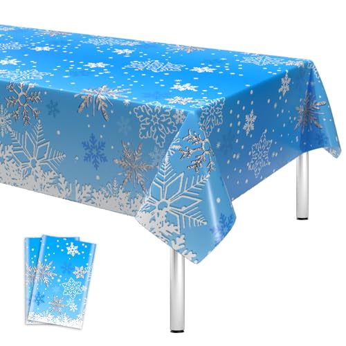 2 Stück Tischdecke Schneeflocken Blau 51x87 Zoll Plastik Frozen Tischdecken Einweg Rechteck Schnee Tischtuch Weihnachten wasserdichte Christmas Tischdeko für Xmas Neujahr Winter Wunderland Party Deko von Domgoge