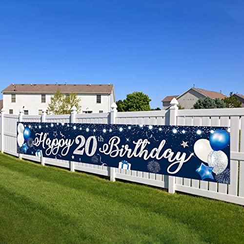 20. Geburtstag Banner Blau Silber Happy 20th Birthday Banner Alles Gute zum Geburtstag Banner 210x40cm Extra Lange Zeichen Poster Hintergrund Hof Banner Dekorationen für Jungen Männer Jubiläum Party von Domgoge