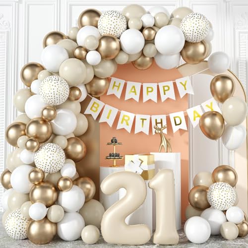 21 Geburtstag Deko Frau Beige Gold 21 Jahre Geburtstag Party Deko Boho Sandweiß Metallic Champagner Gold Luftballons Girlande Kit mit Creme Zahl Folienballon Happy Birthday Banner zum Mädchen Jubiläum von Domgoge