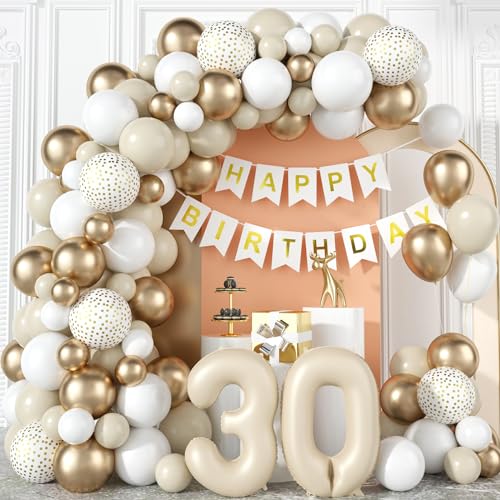 30 Geburtstag Deko Frauen Beige Gold 30 Jahre Geburtstag Party Deko Boho Sandweiß Metallic Champagner Gold Luftballons Girlande Kit mit Creme Zahl Folienballon Happy Birthday Banner Mann Hochzeitstag von Domgoge