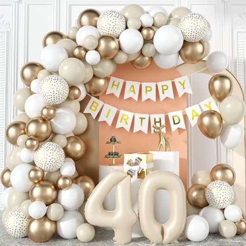 40 Geburtstag Deko Frauen Beige Gold 40 Jahre Geburtstag Party Deko Boho Sandweiß Metallic Champagner Gold Luftballons Girlande Kit mit Creme Zahl Folienballon Happy Birthday Banner Mann Hochzeitstag von Domgoge