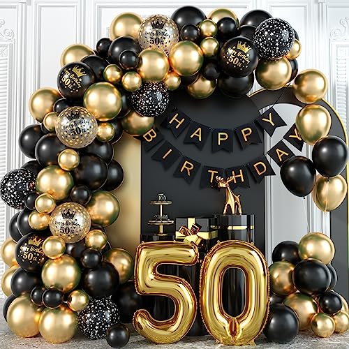 50 Geburtstag Deko Mann Schwarz Gold 50 Jahr Geburtstagdeko mit Happy Birthday Banner Konfetti Zahlen Folienballon 50. Geburtstag Luftballons Girlande Kit zum Hochzeitstag Party Dekorationen Frauen von Domgoge