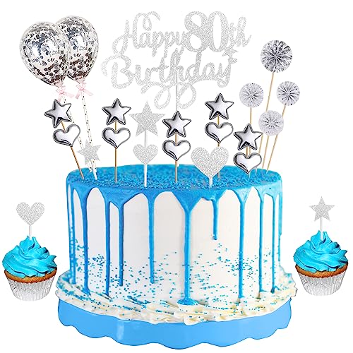 80. Geburtstag Tortendeko 80 Geburtstag Frau Mann Silber Glitzer Happy 80th Birthday Cake Topper Kuchendeckel Geburtstag mit Herz Stern Luftballons Cupcake Topper 80 Jahre Geburtstagstorte Party Deko von Domgoge