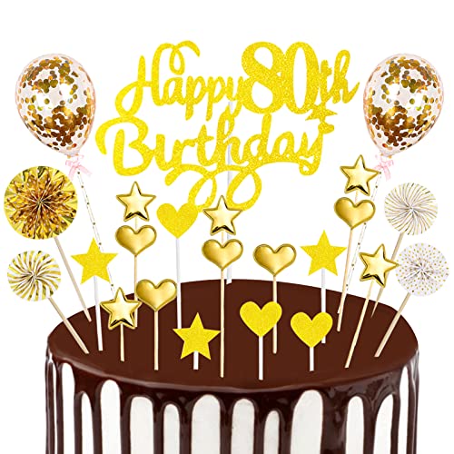 80. Geburtstag Tortendeko Gold Kuchendeckel Glitzer Happy 80th Birthday Cake Topper Set mit Herz Stern Konfetti Luftballons Papierfächer Cupake Topper Dekoration für Mann 80 Jubiläum Geburtstagsparty von Domgoge