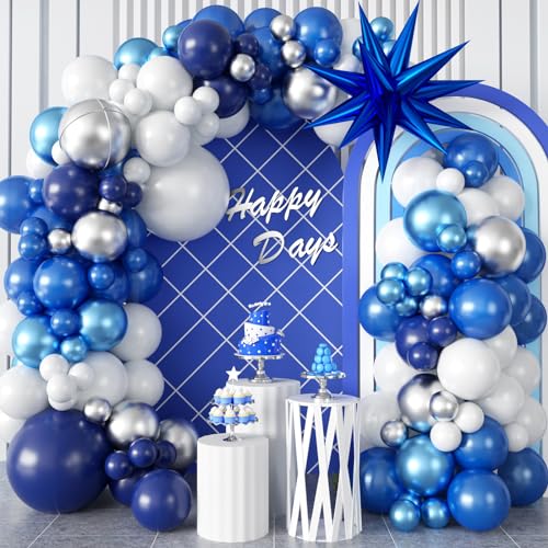 Luftballons Girlande Blau 94 Stück Marineblau Weiß Metallic Silber Luftballons Girlande Kit mit 4D Stern Folien Ballon Geburtstag Luftballons Deko für Babyparty Abschluss Ruhestand Hochzeitstag Party von Domgoge