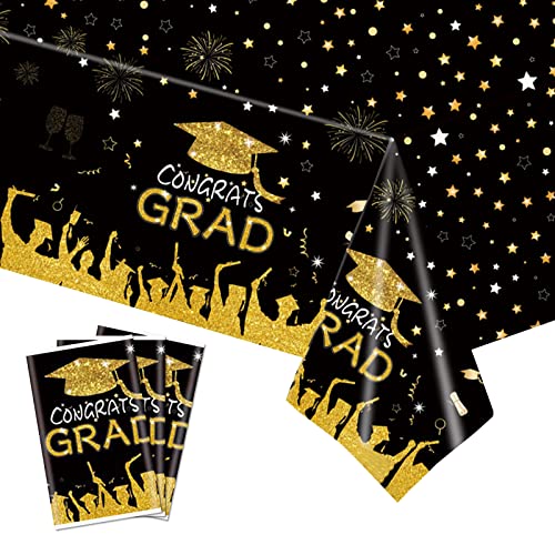 Abschluss Tischdecke 3 Stück 54 * 108 Zoll Große Schwarz Gold Party Tischdecke Abwaschbare PVC Plastic Tablecloths Wasserdicht Wiederverwendbar Congrats Grad Tischdecken Dekoration für Klasse 2023 von Domgoge