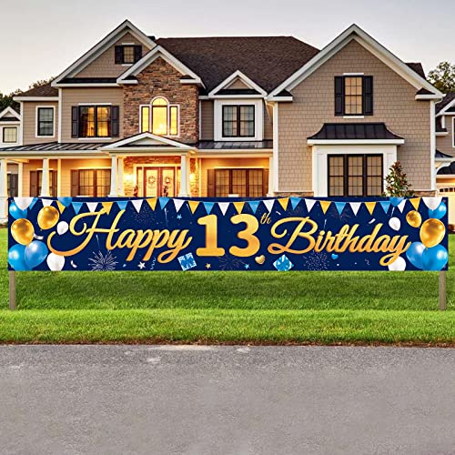 Banner 13. Geburtstag Junge Blau Gold Happy 13th Birthday Banner Alles Gute zum 13 Geburtstag Banner 300x50cm Extra Lange Hof Zeichen Hintergrund für Kinder Teenager 13 Jahre Geburtstag Party Deko von Domgoge