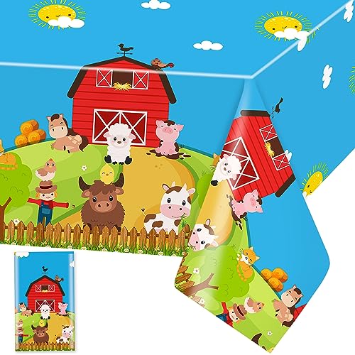 Bauernhof Tiere Tischdecke Bauernhaus Tischdecken Thema Bauernhof Plastik Tischtuch Rechteckige Wasserdicht Kuh Motiv Kinder Geburtstag Party Dekoration, 137 x 274cm, 1 Stück von Domgoge