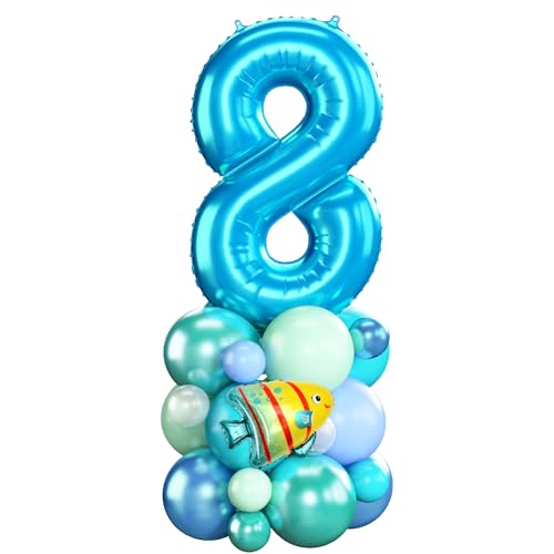 Blau Luftballons 8. Geburtstag Junge Ocean Zahlen 8 Folienballons für 8 Jahr Alt Geburtstags Deko mit Hai Fisch Shark 40 Zoll Groß Blau Grün unter dem Meer Tiere Acht Digit Ballons für Achte 8th Party von Domgoge