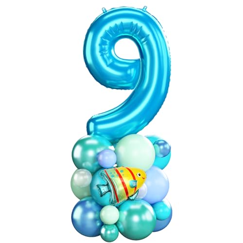 Blau Luftballons 9. Geburtstag Junge Ocean Zahlen 9 Folienballons für 9 Jahr Alt Geburtstags Deko mit Hai Fisch Shark 40 Zoll Groß Blau Grün unter dem Meer Tiere Neun Digit Ballon für Neunte 9th Party von Domgoge