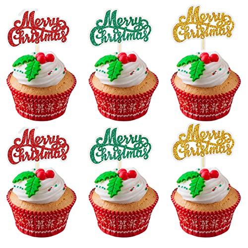 Cake Topper Weihnachten, Cupcake Topper Weihnachten, 36 Stück Tortendeko Merry Christmas, Rot Grün Gold Tortendeko Frohe Weihnachten, Kuchen Deko Weihnachten für Xmas Neujahr Feier Party Dekorationen von Domgoge