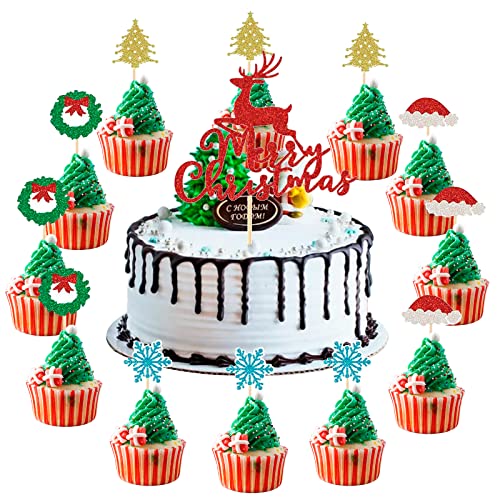 Cake Topper Weihnachten, Tortendeko Merry Christmas, Cupcake Topper Weihnachten, 13 Stück Tortendeko Frohe Weihnachten mit Schneeflocke Baum, Kuchen Deko Weihnachten für Xmas Neujahr Party Dekoration von Domgoge