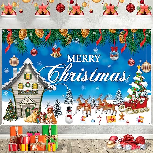 Weihnachten Banner Frohe Weihnachten Hintergrund Banner Blau Merry Christmas Banner Outdoor Extra Groß Welcome Veranda Schild Wand Hängend Banner für Weihnachts Xmas Neujahr Party Deko, 185x110 cm von Domgoge