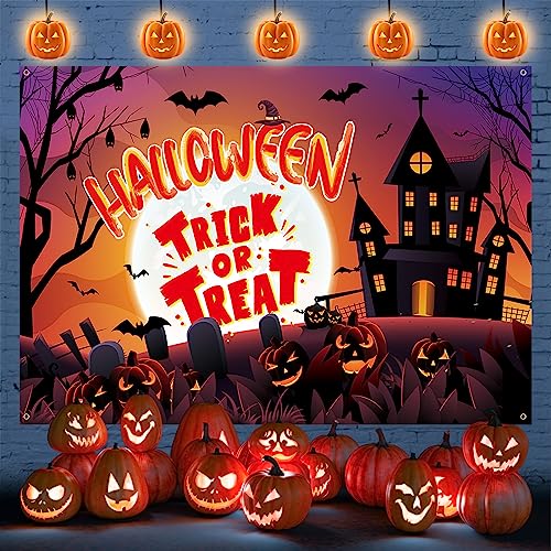 Halloween Banner, Happy Halloween Hintergrund Banner, Trick or Treat Banner Deko mit Kürbis Mond, 73x43 Zoll Extra Groß Stoff Photo Booth Hängend Schild Poster für Halloween Karnevals Party Dekoration von Domgoge