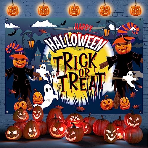 Halloween Banner Happy Halloween Hintergrund Banner Trick or Treat Banner Deko mit Kürbis Mond 73x43 Zoll Extra Groß Stoff Photo Booth Hängend Schild Poster für Halloween Karnevals Party Dekoration von Domgoge