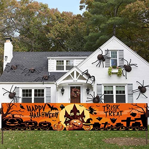 Happy Halloween Banner Groß Halloween Trick or Treat Yard Banner mit Schloss Kürbis Schläger Mond Hexe 83*16 Zoll Hängend Lang Hintergrund Schild Banner Dekor für Outdoor Indoor Halloween Dekorationen von Domgoge