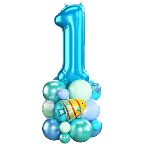 Luftballons 1. Geburtstag Junge Blau Ocean Zahlen 1 Folienballons für 1 Jahr Alt Geburtstags Deko mit Hai Fisch Shark 40 Zoll Groß Blau Grün unter dem Meer Tiere Eins Digit Ballon für Erster 1st Party von Domgoge