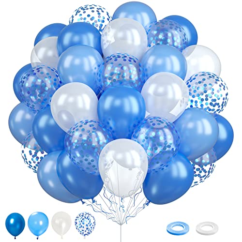 Luftballons Blau Weiss, 60 Stück 12 Zoll Perle Dunkel Blau Weiß Latex Luftballons Set mit Konfetti Ballons, Hell Blau Geburtstag Party Luftballons für Hochzeitstag Verlobungs Babyparty Dekorationen von Domgoge