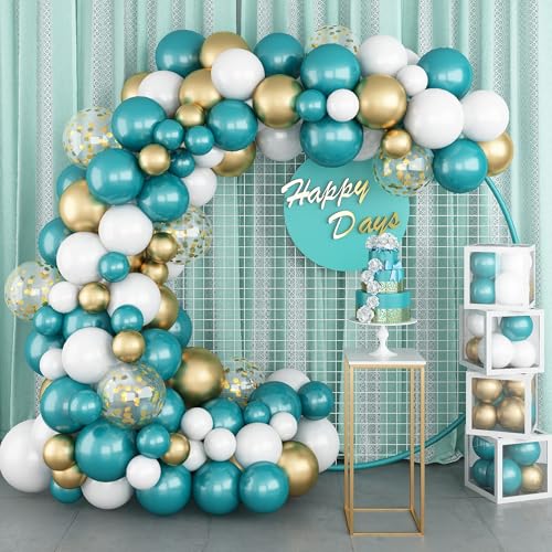 Luftballons Girlande, 112 Stück Perle Blau Grün Weiß Metallic Gold Luftballons Girlande Kit mit Konfetti Retro Tiffany Türkisblau Geburtstag ballons für Kinder Junge Ocean Babyparty Party Dekorationen von Domgoge