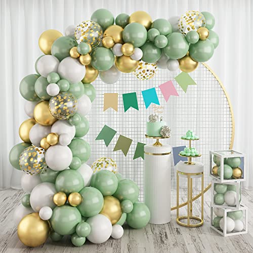 Luftballons Girlande Grün Gold 108 Stück Salbeigrün Metallic Gold Weiß Ballon Bogen Kit mit Konfetti Retro Olive Bohnengrün Geburtstags Party Ballon für Dschungel Hochzeitstag Babyparty Dekorationen von Domgoge