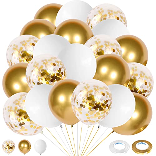 Luftballons Gold Weiß, 60 Stück 12 Zoll Metallic Gold Weiss Latex Luftballons Set mit Konfetti Ballons, Geburtstags Party Luftballons Dekorationen für Hochzeit Babyparty Abschluss Hochzeitstag Feier von Domgoge