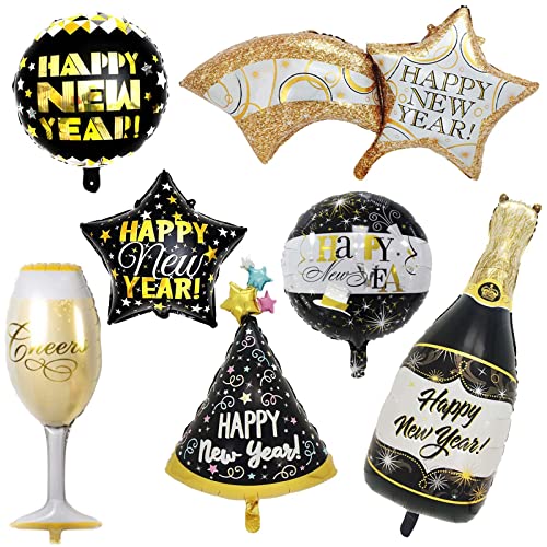 Luftballons Happy New Year 7 Stück Neujahr Folienballon Schwarz Gold Happy New Year Ballon Riese Luftballons Neujahr mit Champagner Stern Ballons Weihnachten Neujahr Silvester 2024 Party Dekorationen von Domgoge