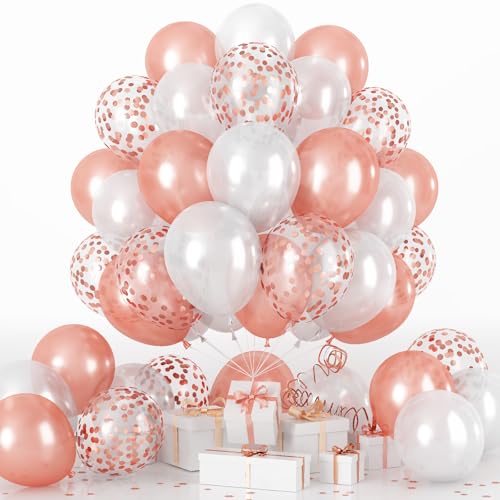 Luftballons Rosegold, 60 Stück 12 Zoll Perle Roségold Weiß Luftballons Set mit Konfetti Ballons, Romantisch Latex Geburtstag Party Luftballons für Hochzeitstag Verlobungs Babyparty Feier Dekorationen von Domgoge