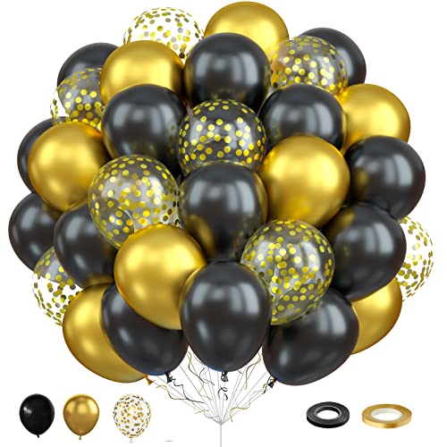 Luftballons Schwarz Gold, 60 Stück 12 Zoll Gold Schwarz Metallic Latex Konfetti Luftballons Set, Geburtstag Party Ballons für Babyparty Hochzeitstag Abschluss Verlobungs Urlaub Feier Dekorationen von Domgoge