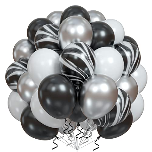 Luftballons Schwarz Silber, 60 Stück 12 Zoll Achat Schwarz Metallic Silber Weiß Latex Ballons Set, Geburtstag Party Luftballons Dekor für Babyparty Hochzeitstag Abschluss Urlaub Feier Dekorationen von Domgoge