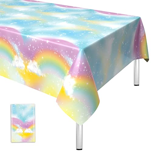 Regenbogen Tischdecke Geburtstag, Einweg Tischdecke Regenbogen Pastell, 108*54 Zoll Rechteck Wasserdicht Dünn Plastic Tischtuch für Kinder Mädchen Jungen Karneval Geburtstag Babyparty Party Dekoration von Domgoge