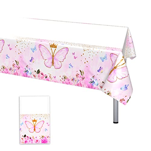 Schmetterling Party Tischdecke, Rosa wasserdichte PVC Plastic Schmetterlings Geblümt Tischtuch, Einweg Rechteckig 108 * 180 cm Tischdecke für Mädchen Frühling Blumen Geburtstag Jubiläum Dekorationen von Domgoge