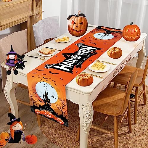 Tischläufer Halloween Happy Halloween Trick or Treat Tischläufer Deko Abwaschbar Schaurig Kürbis Geist SchläGer Tischdecke Halloween Party Lang Tischtuch Tischband Tisch Dekorationen, 14x71 Zoll von Domgoge