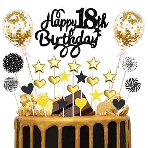 Deko 18. Geburtstag Junge Schwarz Gold Tortendeko 18 Geburtstag Glitzer Happy 18th Birthday Cake Topper für 18 Jahre Alt Geburtstagsparty Kuchen Kuchendeckel Geburtstag Cupake Topper Party Dekoration von Domgoge