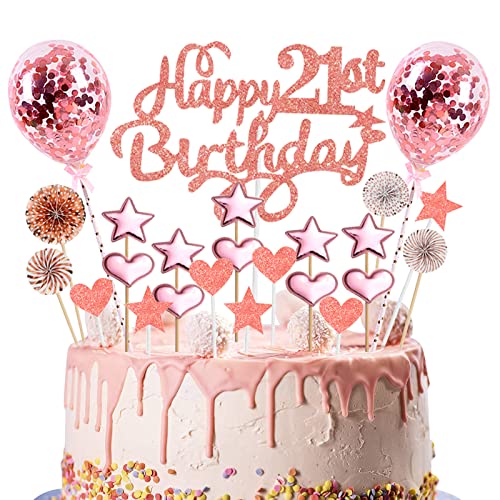 Tortendeko 21. Geburtstag, Rosegold Kuchendeckel Geburtstag, Glitzer Happy 21st Birthday Cake Topper Set mit Herz Stern Luftballons Papierfächer, Cupake Topper Dekoration für Mädchen Geburtstagsparty von Domgoge