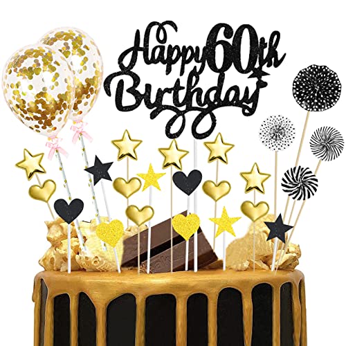 Tortendeko 60 Geburtstag Schwarz Gold, Happy 60th Birthday Cake Topper, Glitzer Kuchendeckel Geburtstag mit Herz Stern Konfetti Luftballons, Cupcake Topper 60 Jahre Geburtstag Party Deko für Mann Frau von Domgoge