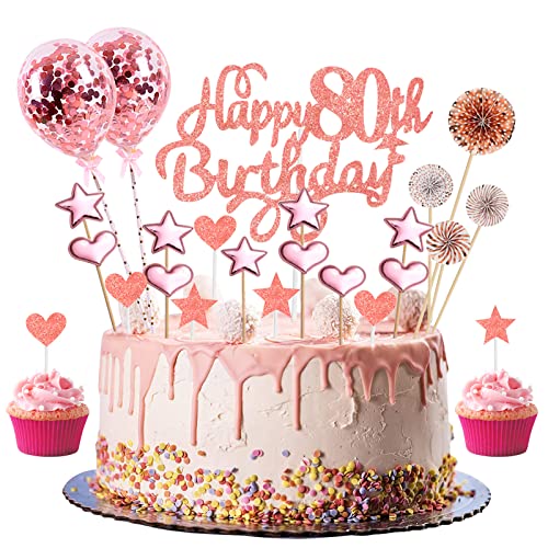 Tortendeko 80. Geburtstag Frau Rosegold Kuchendeckel Geburtstag Glitzer Happy 80th Birthday Cake Topper Set mit Herz Stern Luftballons Papierfächer Cupake Topper Dekoration für 80 Geburtstagsparty von Domgoge