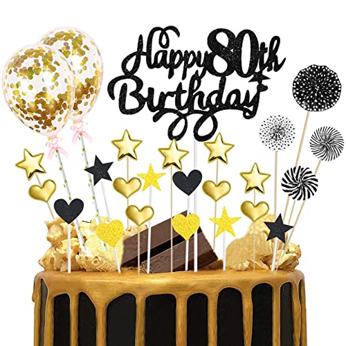 80. Geburtstag Deko Mann Schwarz Gold Tortendeko 80 Geburtstag Glitzer Happy 80th Birthday Cake Topper für 80 Jahre Alt Geburtstagsparty Kuchen Kuchendeckel Geburtstag Cupake Topper Party Dekoration von Domgoge