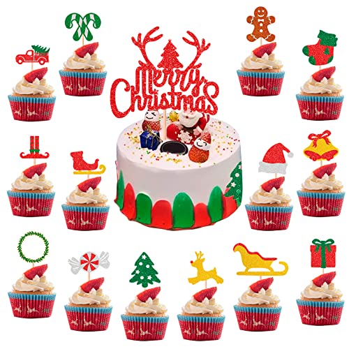 Tortendeko Weihnachten, 15 Stück Cake Topper Weihnachten, Tortendeko Merry Christmas, Cupcake Topper Weihnachten mit Baum Elch Rentier, Kuchen Deko Weihnachten für Xmas Neujahr Party Dekorationen von Domgoge