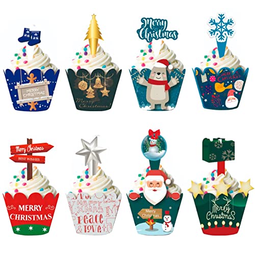 Tortendeko Weihnachten, Cake Topper Weihnachten, 64 Stück Cupcake Wrappers Weihnachten mit Weihnachtsmann Schneemann Cake Topper Christmas Kuchen Deko Weihnachten für Xmas Neujahr Party Dekorationen von Domgoge