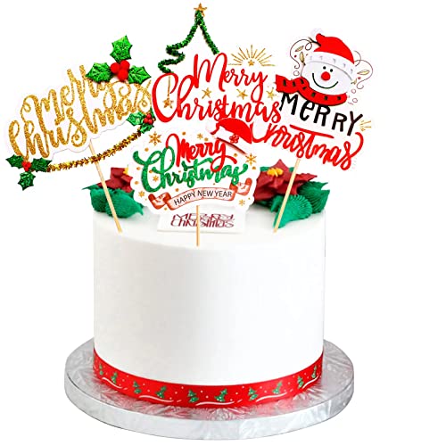 Tortendeko Weihnachten, Cake Topper Weihnachten, Tortendeko Merry Christmas, Cupcake Topper Weihnachten mit Schneemann Baum, Kuchen Deko Weihnachten für Xmas Neujahr Feier Party Dekorationen, 4 Stück von Domgoge