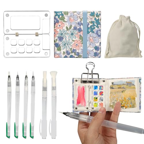 Domigard Tragbares Mini-Aquarell-Paletten-Set, Taschenkünstler, Aquarellpapier, Aquarell-Skizzenbuch, Reise-Set, Aquarellpinsel mit Binder-Clips für Maler, Künstler, Studenten (lila Blumen) von Domigard