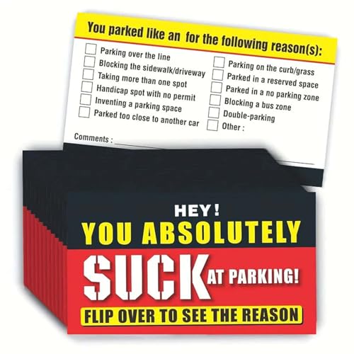 Domioey Bad Parking Cards – 100 Stück Mit Englischer Aufschrift "You Absolutely Suck At Parking", 9cm X 5cm, Lustige Parkverstoß-Tickets, Tickets Mit Verschiedenen Gründen Für Verstöße (100PCS) von Domioey